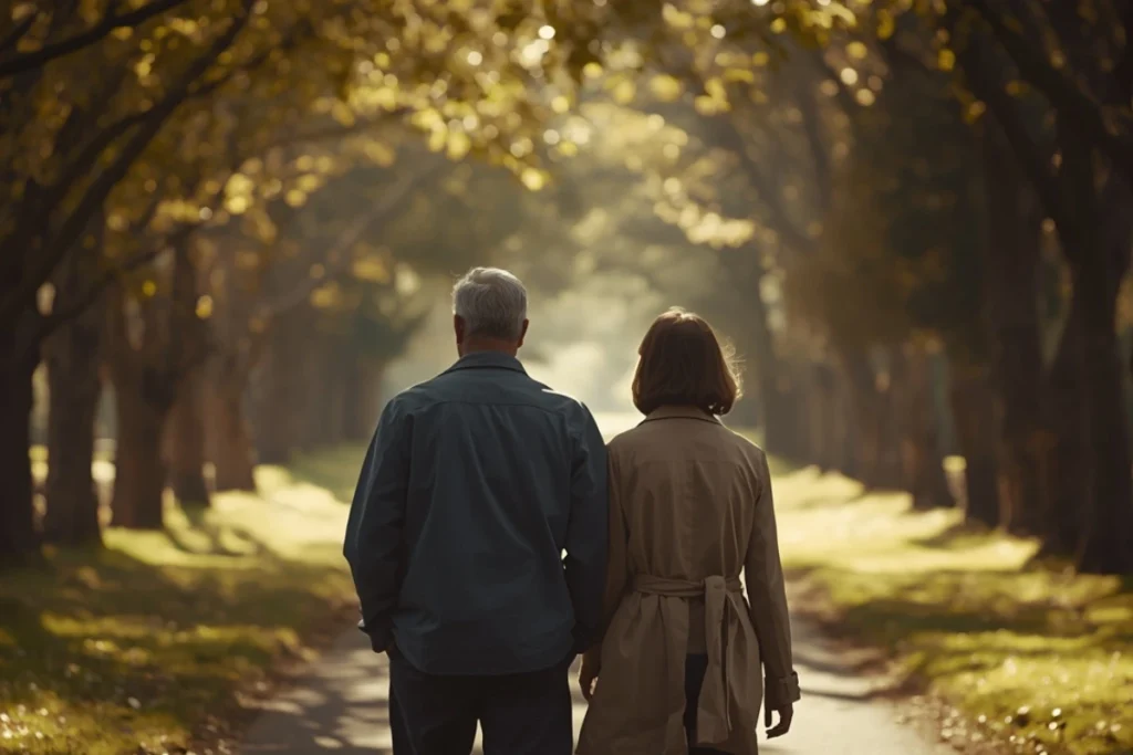 Two adults walking together on a tree-lined path, seen from behind, warm dappled light, relaxed and companionable posture 