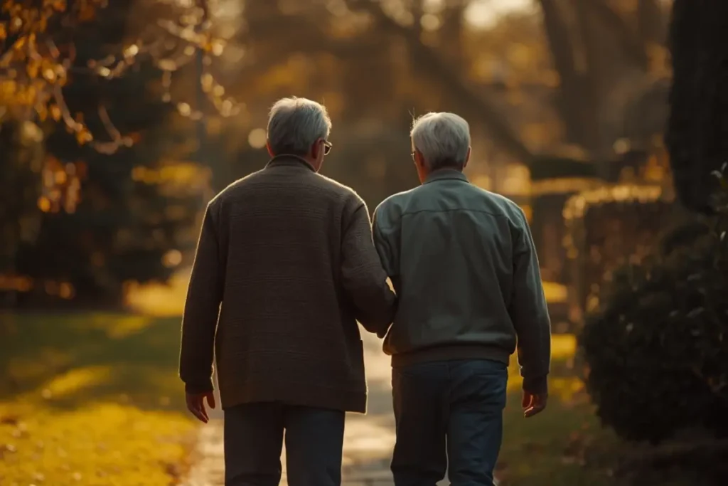 Two adults walking side by side on a sunlit garden path, postures relaxed, moving forward together 