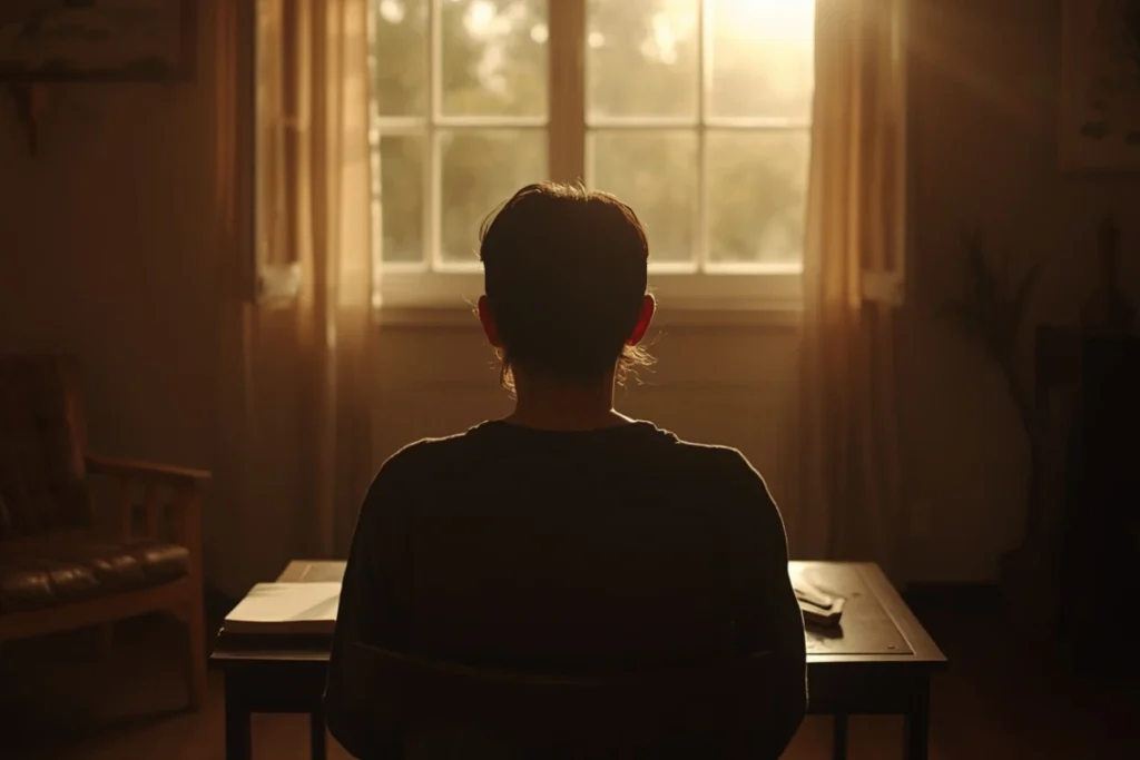 Person seated at table with open journal in warm afternoon light, back-facing, quiet reflective interior scene