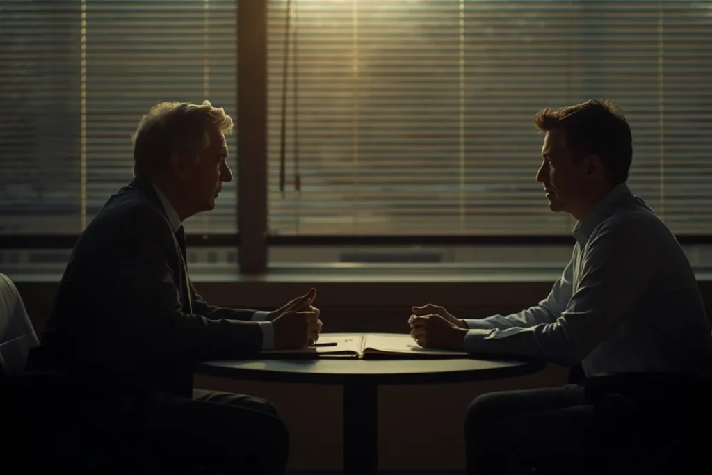 Two adults seated at a table reviewing an open folder in a softly lit office, collaborative posture, warm afternoon light 
