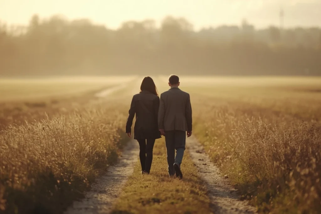 Two people walking on open path through meadow in morning light, both back-facing, moving forward together