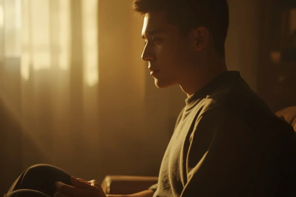 Partial-profile figure seated in a warm, softly lit room with hands at rest, in a posture of deliberate stillness and purposeful inward attention