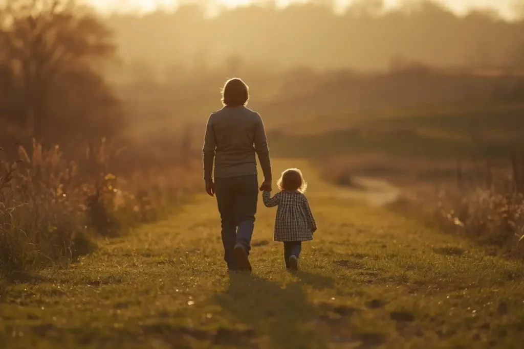 Parent and child walking side by side along a grassy path in warm golden light, both back-facing, a sense of accompaniment and shared forward movement