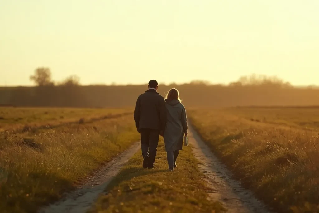 Two figures walking side by side on open path in warm afternoon light, partial view, companionship and forward movement
