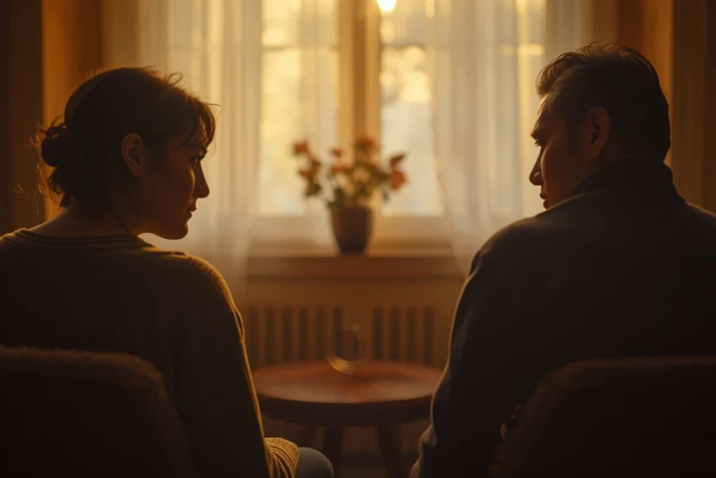 Two people seated across from each other in a warmly lit room in attentive, calm conversation with faces partially turned away
