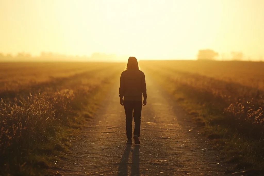 Back-facing figure walking a path toward a bright open field in soft morning light, with gentle shadow behind and clarity ahead