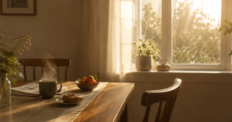 A quiet sunlit breakfast table with two chairs, one pushed back and empty, steam rising from one cup