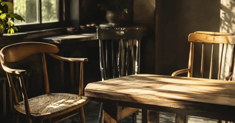 Three different empty chairs arranged loosely around a sunlit table with soft depth of field