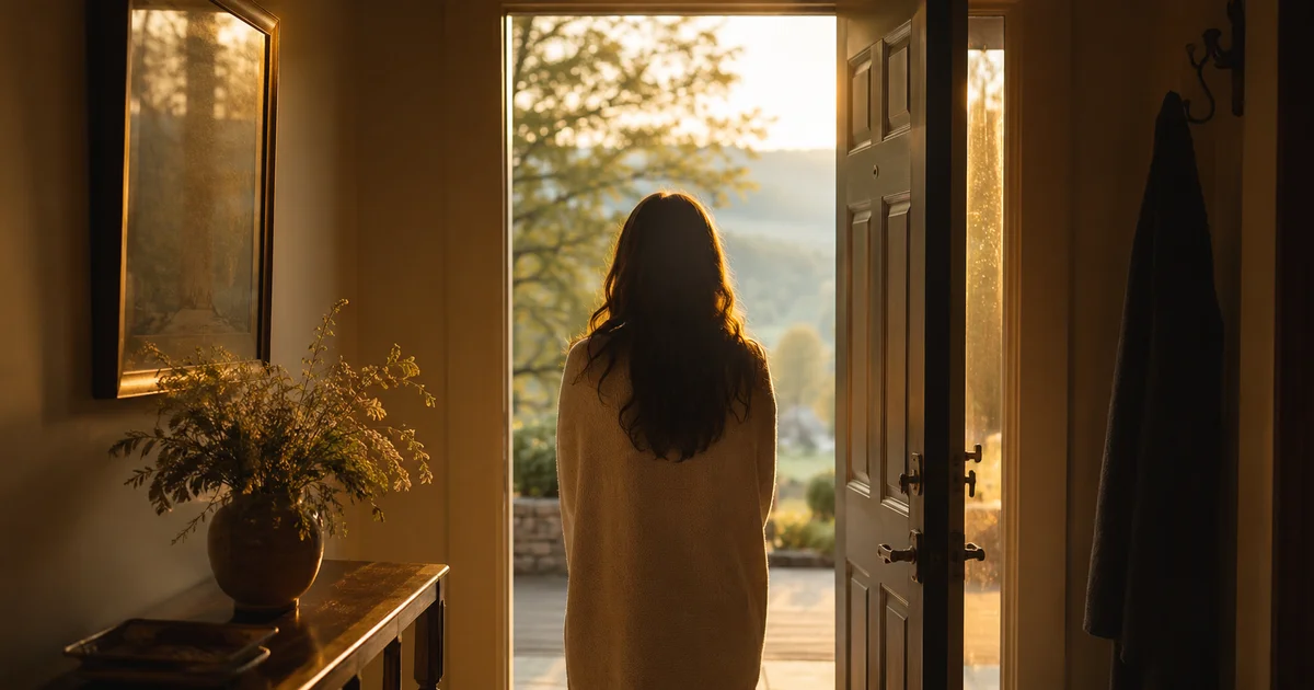 A person standing at an open front door looking out at soft morning light, back to camera