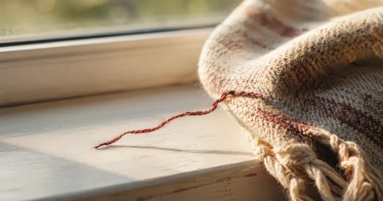 A single unraveling thread pulled loose from a woven blanket on a sunlit windowsill
