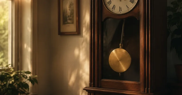 A pendulum clock swinging in warm afternoon light in a calm quiet room