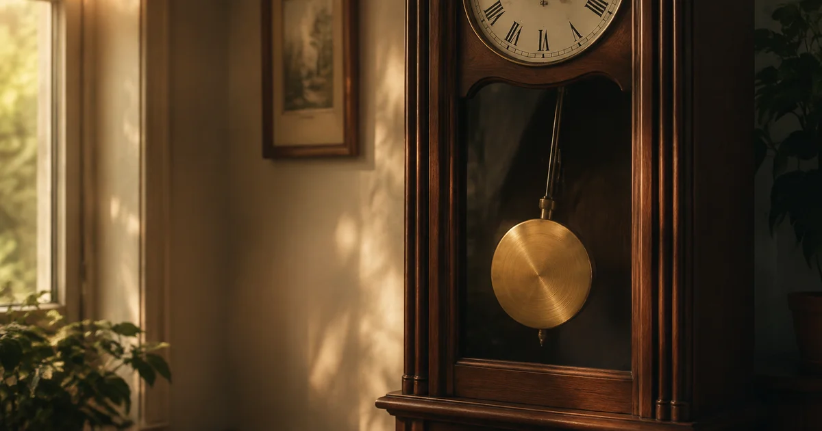 A pendulum clock swinging in warm afternoon light in a calm quiet room