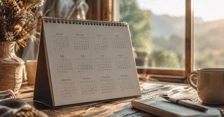 A calendar page resting on a desk beside a sunlit window, soft focus on passing months
