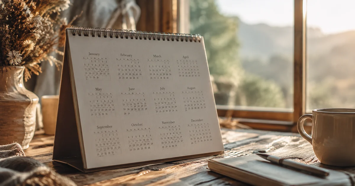 A calendar page resting on a desk beside a sunlit window, soft focus on passing months