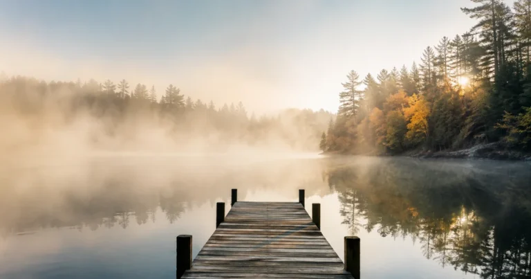 Soft morning fog lifting off a still lake with a single wooden dock extending into the water