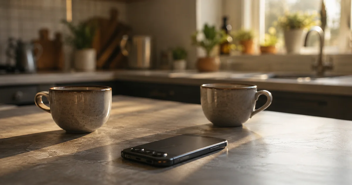 A phone resting face-down on a kitchen counter beside two untouched coffee cups in soft morning light