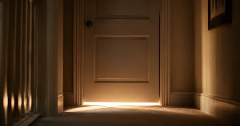 A closed door at the end of a hallway with soft light spilling underneath it