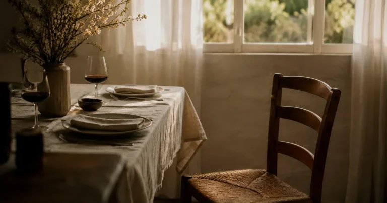 An empty chair pulled slightly away from a table set for two in soft late-afternoon light