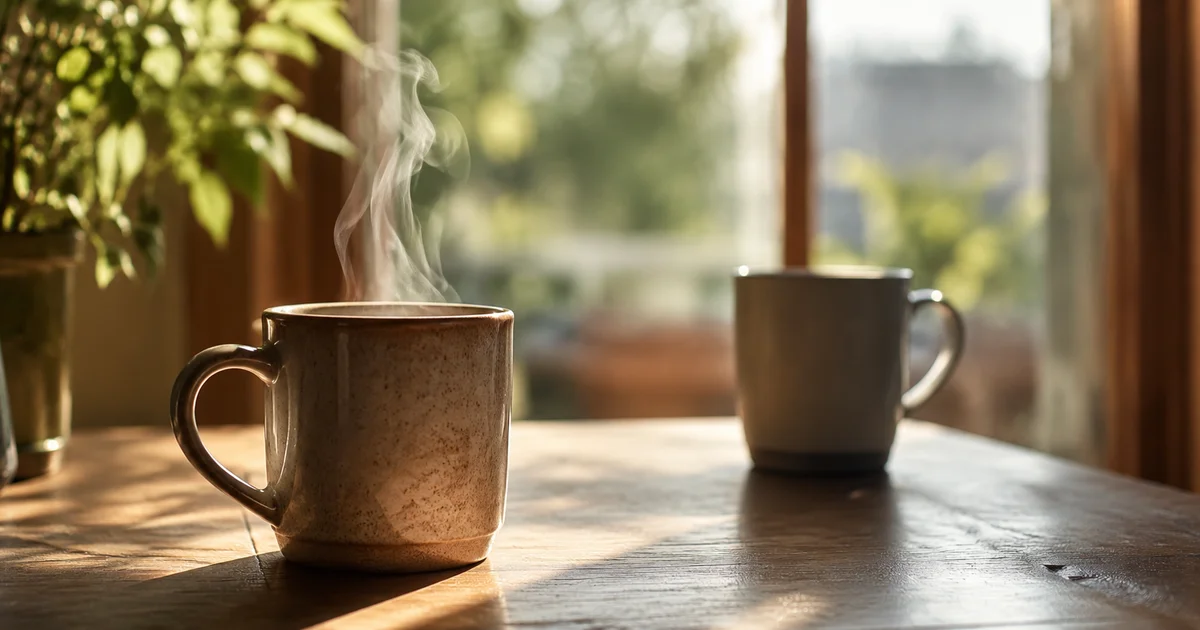 Two coffee mugs on a table, one with steam rising, the other pushed farther away and untouched