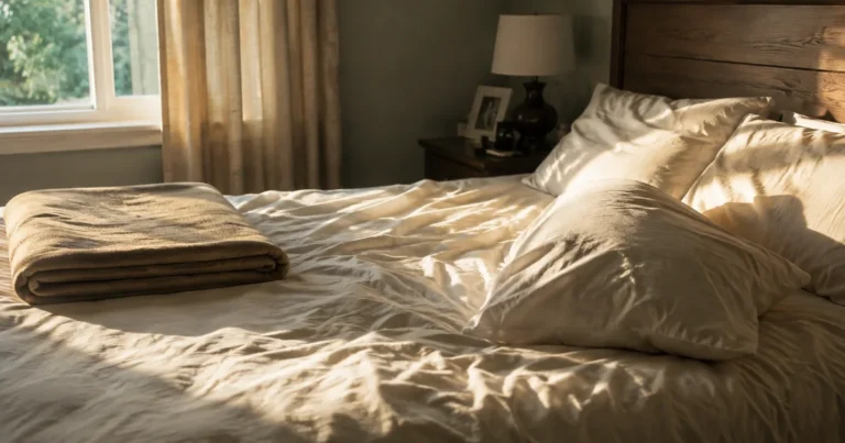 Two sides of an unmade bed, one side with a folded blanket left untouched, in soft early morning light