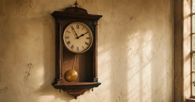 A pendulum clock frozen mid-swing on a wall in soft afternoon light
