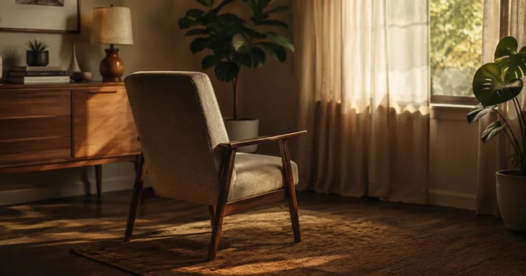 A single chair turned slightly away from the rest of a room in soft late-afternoon light