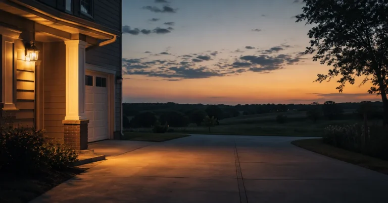 A single porch light left on at dusk, facing an empty driveway in soft fading light
