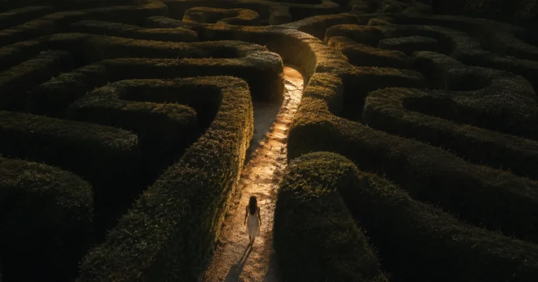A maze of soft garden hedges viewed from above at dusk, one path lit and the rest in shadow