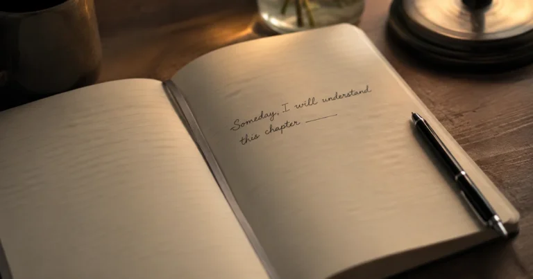 A notebook open to a page with a half-finished sentence, pen resting beside it, in soft desk light
