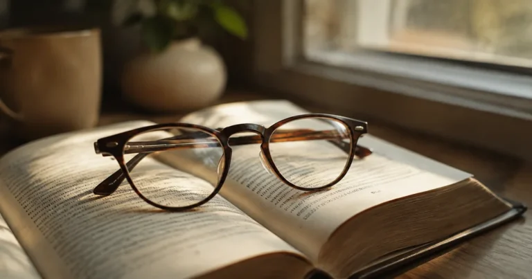 A pair of glasses resting on an open book with the surrounding text slightly out of focus in soft window light