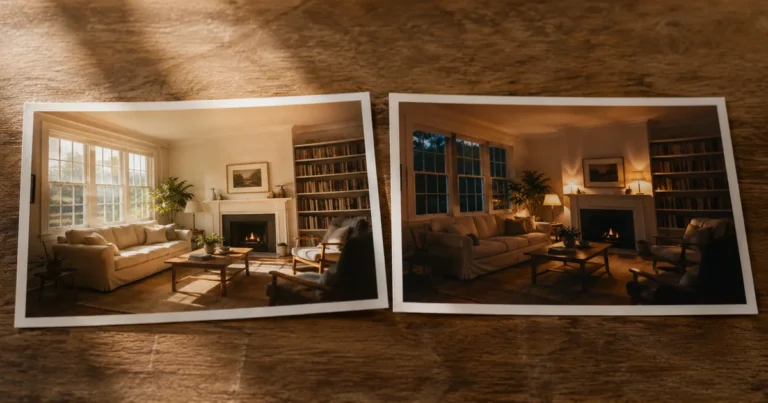 Two photographs of the same room taken at different times laid side by side on a table in soft afternoon light