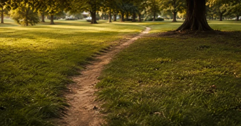 A worn path visible across a grass lawn where no path was originally paved, in soft late-afternoon light