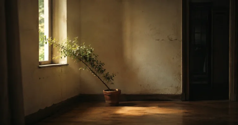 A single potted plant grown to lean entirely toward one narrow window in soft afternoon light