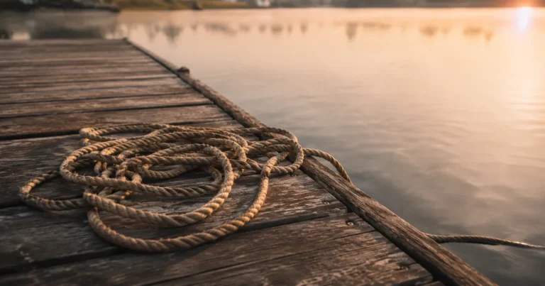 A length of rope coiled loosely on a wooden dock with one end trailing into calm water in soft morning light