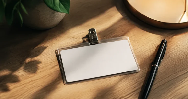 A blank name tag resting on a table beside a pen in soft desk light