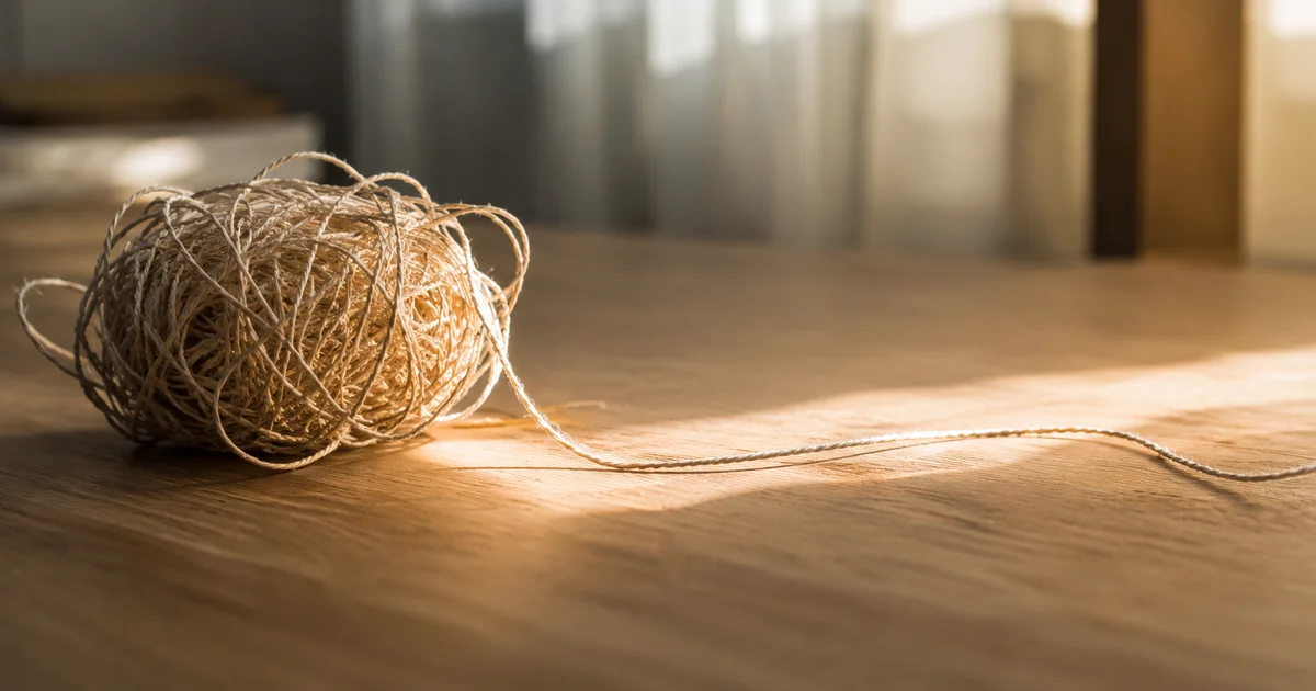 A tangled ball of string on a table beside a single loose, straight thread pulled free in soft afternoon light