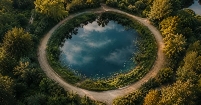 A circular walking path around a still pond viewed from above with no clear start or end point