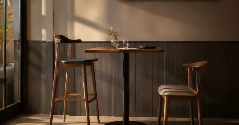 A tall chair positioned higher than a smaller chair opposite it at a table in soft afternoon light