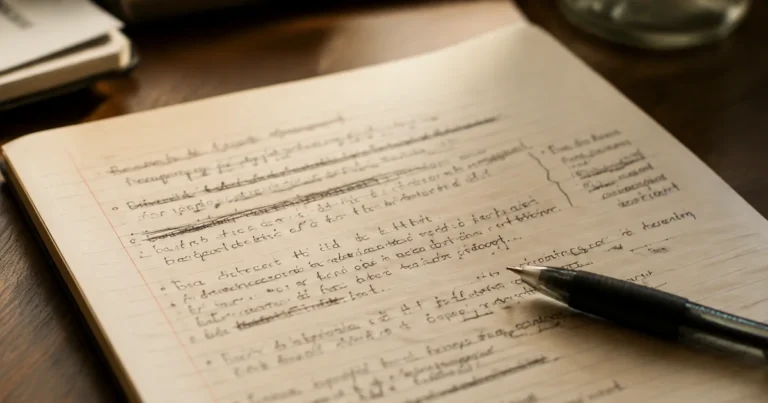 A page of handwritten notes with several lines crossed out and rewritten in the margin under soft desk light