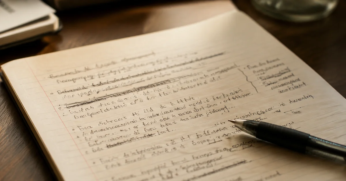 A page of handwritten notes with several lines crossed out and rewritten in the margin under soft desk light