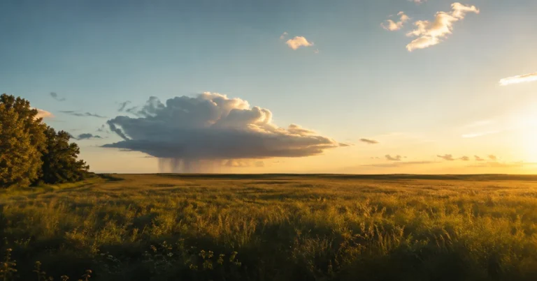 A single dark storm cloud visible on the horizon over an otherwise calm, sunlit field
