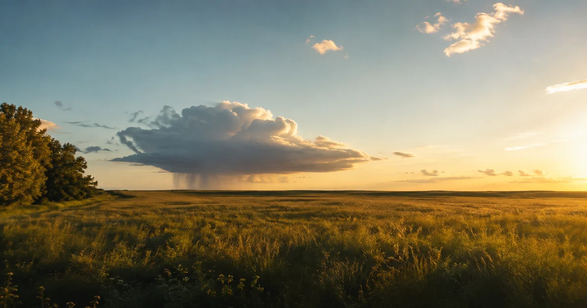 A single dark storm cloud visible on the horizon over an otherwise calm, sunlit field