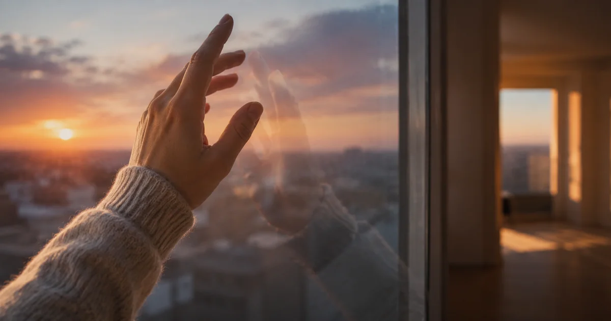 A hand-raised gesture reflected faintly in a window with an empty room beyond in soft evening light