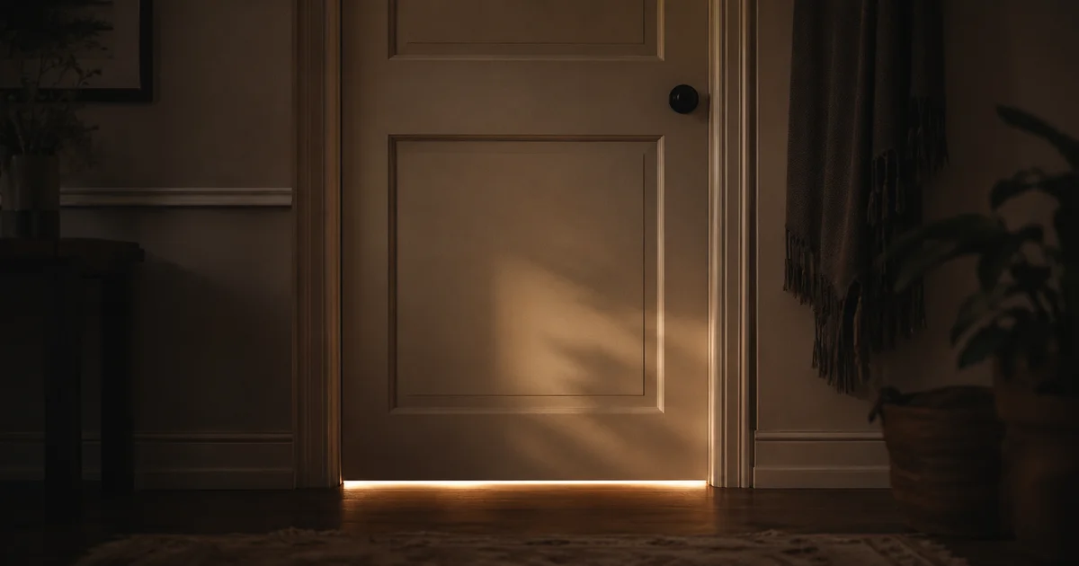 A closed door with a shadow paused just outside it, warm entryway light spilling underneath