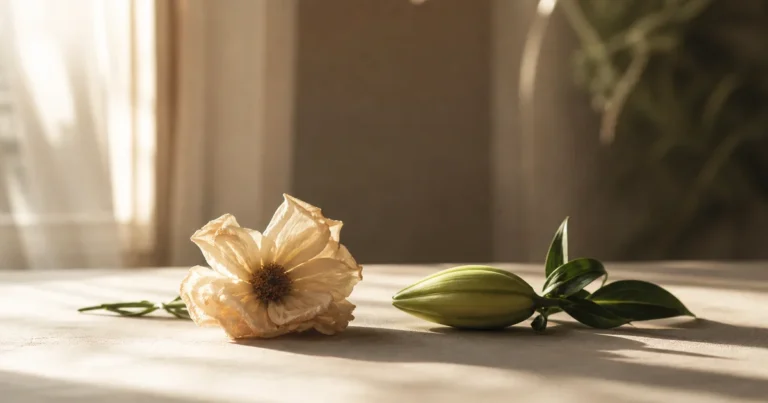 A single wilted flower placed beside a fresh, unopened one on a quiet table in soft afternoon light