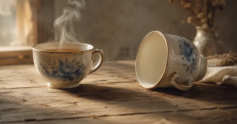 Two identical teacups side by side, one calmly steaming and one tipped and empty, in soft window light