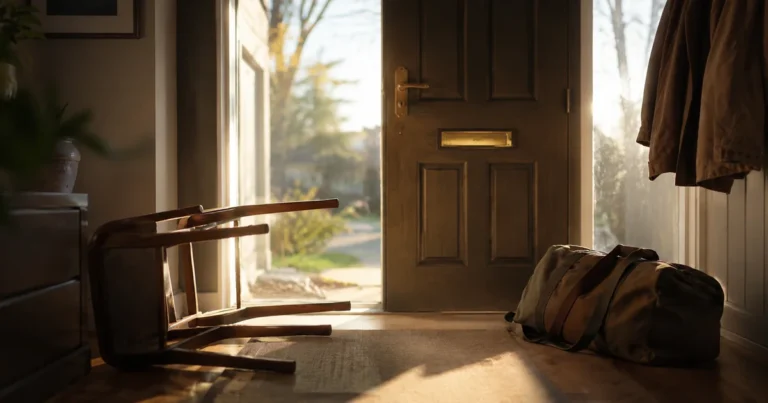 A single overturned chair beside a quiet, packed bag near a front door in soft early morning light