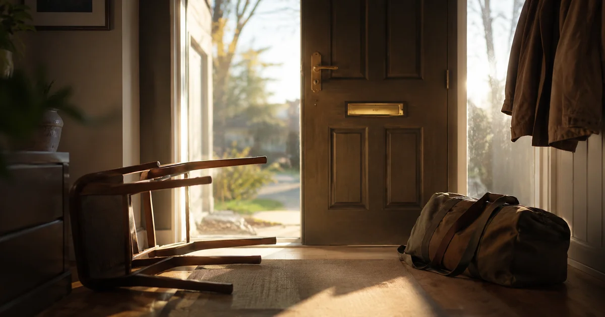 A single overturned chair beside a quiet, packed bag near a front door in soft early morning light