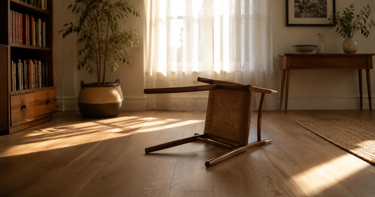 A single overturned chair in an otherwise tidy, sunlit room with no people visible