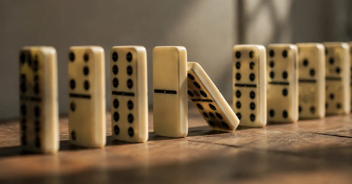A single domino mid-fall against a row of standing dominoes in soft side light